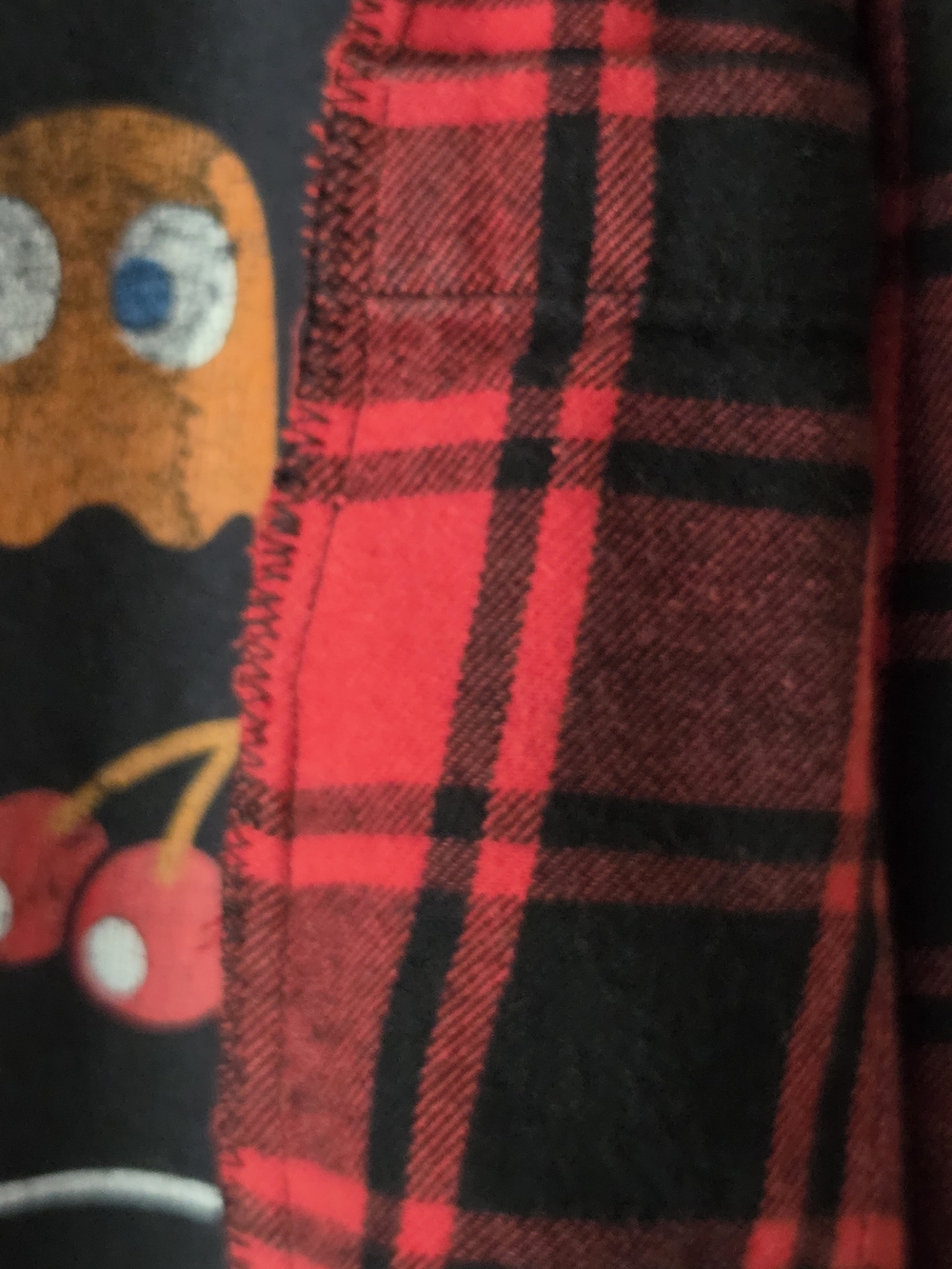 Upcycled Retro 'Game On!' Pac-Man Graphic Tee with Red Plaid Sleeves - Picture 8 of 8